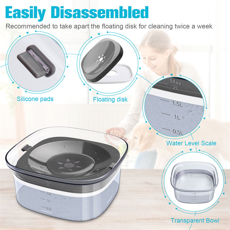 70oz spill-proof dog water bowl with visible water level—slow drinking for pets' comfort!