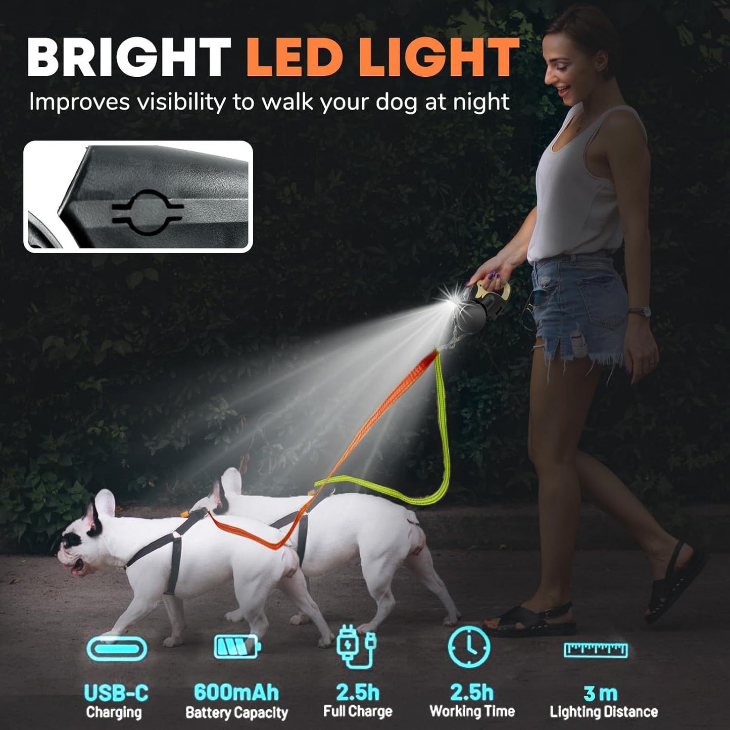 Dual Retractable Leash with LED Light – Walk Two Dogs with Ease