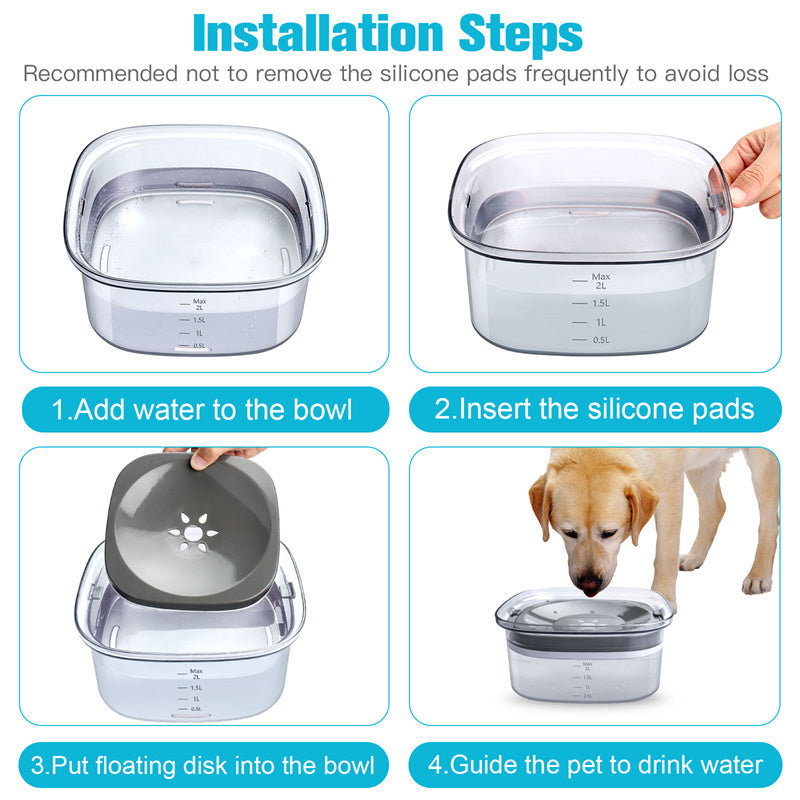 70oz spill-proof dog water bowl with visible water level—slow drinking for pets' comfort!